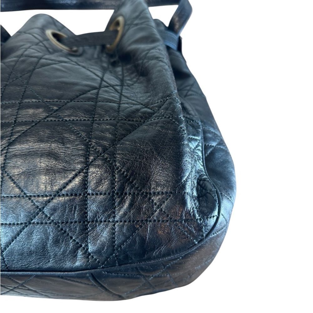 DIOR Black Quilted Cannage Leather Drawstring Hobo Bucket Shoulder Bag Auth Ex++ - Picture 13 of 16